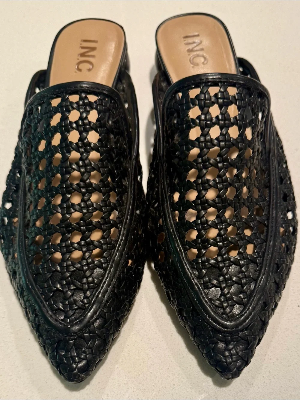 INC International Concepts Black Woven Leather Slip-On Mules